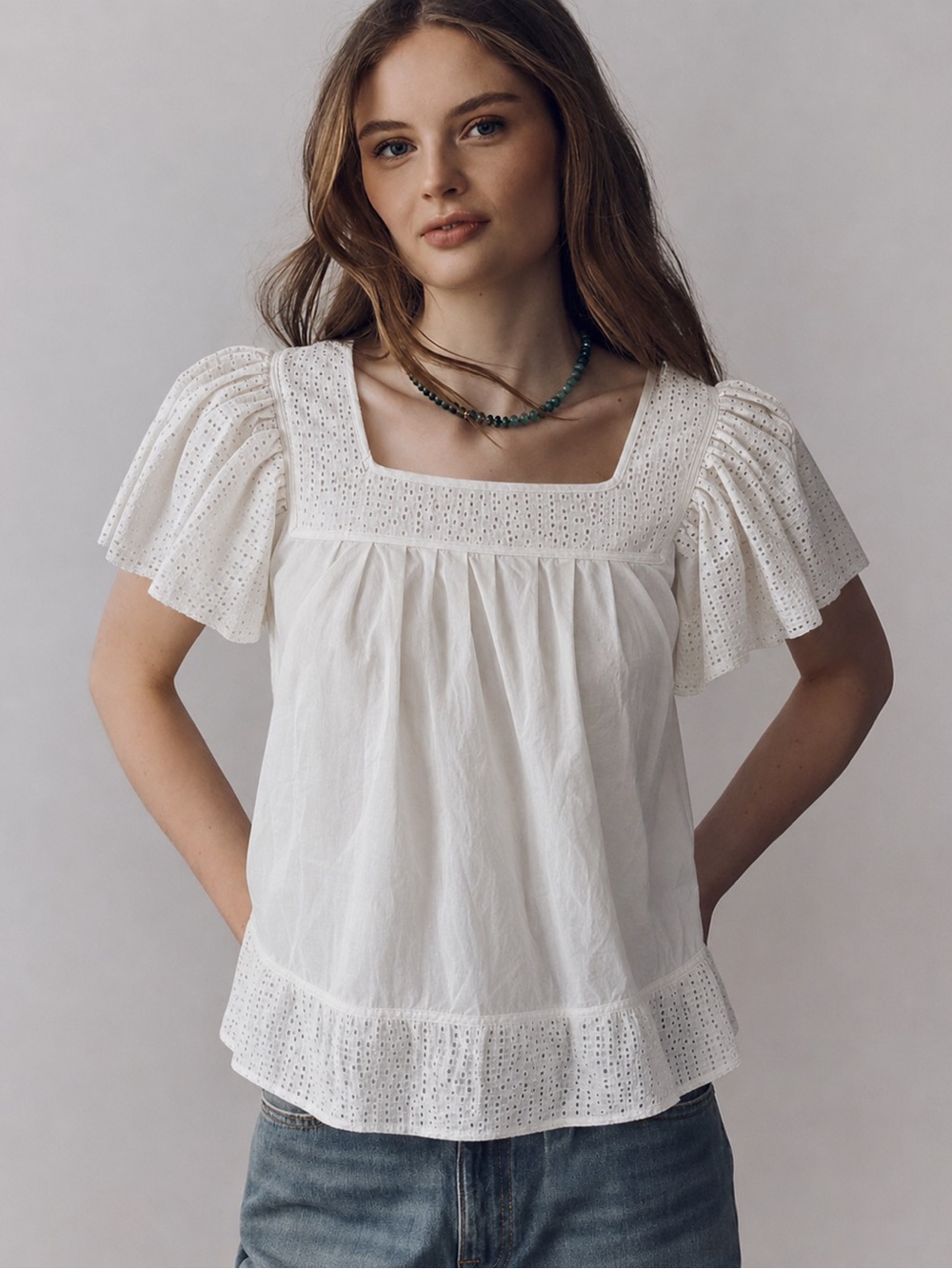 Anthropology Pepin Off white eyelet Boho blouse flutter sleeves lace Cottage M